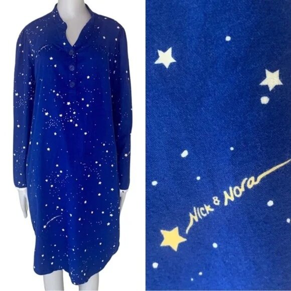 Nick & Nora Starry Night Blue Cotton Pajama Sleep Shirt Nightshirt Stars Print L - Picture 1 of 10